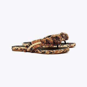 TORY BURCH Raffia Sandal In Perfect Black/aged Camello/natural, Size 6.5, NIB